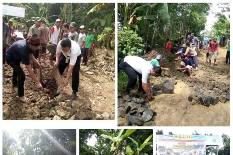 Masyarakat dan pejabat setempat melakukan perbaikan jalan menuju Puskesmas Sindangresmi, Kabupaten Pandeglang. Kondisi jalan yang menghubungkan Pasirlancar dan Sindangresmi tersebut rusak hingga sulit dilalui kendaraan.