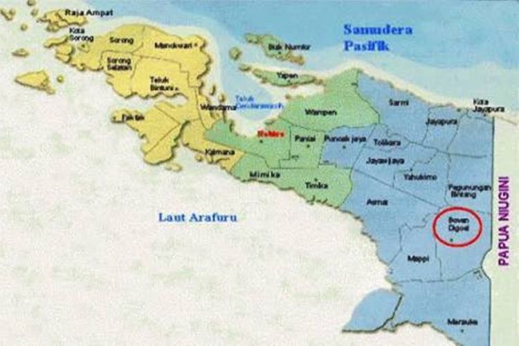 Tampak dalam peta, posisi Kabupaten Boven Digoel tidak jauh dari Yahukimo, Papua