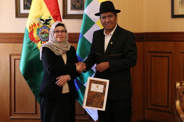 Duta Besar Indonesia di Lima Marina Estella Anwar Bey serta Menteri Luar Negeri Bolivia Diego Pary Rodriguez dalam pertemuan di La Paz, 26 Agustus 2019.