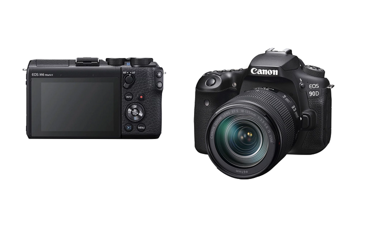 Canon EOS M6 Mark II Mirrorless (kiri) dan EOS 90D DSLR (kanan).