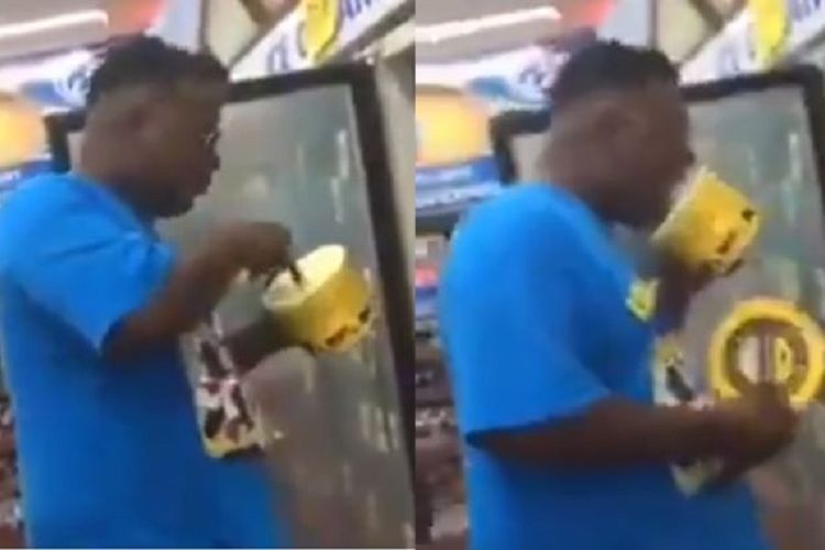 Potongan rekaman video memperlihatkan seorang pria ketika menjilati es krim di supermarket Amerika Serikat.