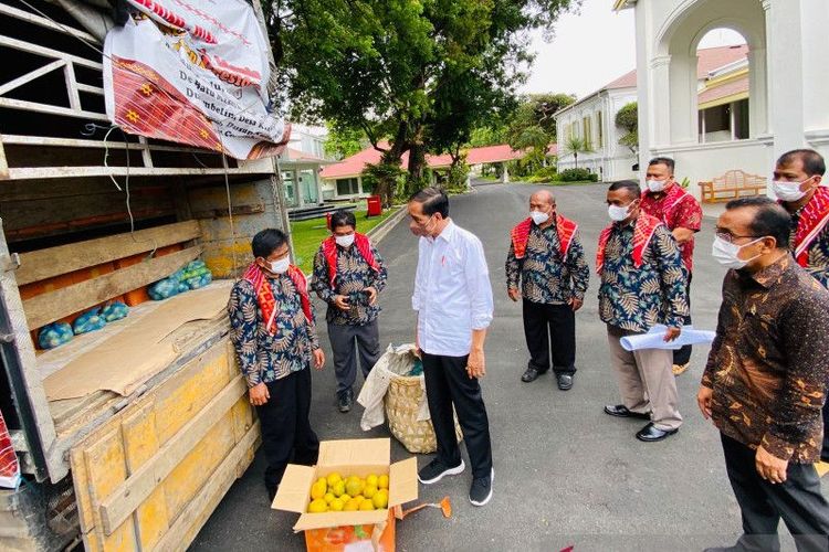 Presiden Jokowi menerima tiga ton oleh-oleh buah jeruk dari warga Karo, Sumatera Utara, di Istana Kepresidenan, Jakarta, Senin (6/12/2021).