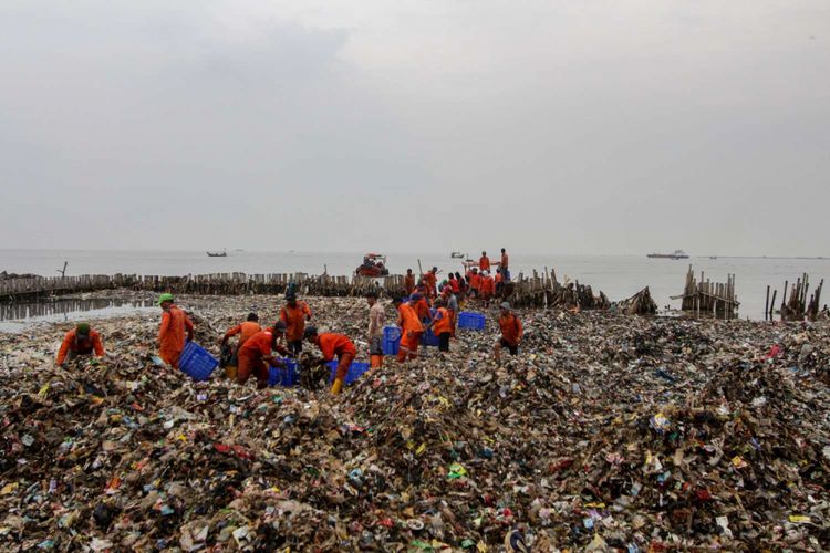 Petugas Suku Dinas Lingkungan Hidup membersihkan sampah plastik yang menumpuk di Kawasan Hutan Bakau Muara Angke, Jakarta, Sabtu (17/3/2018). Sampah yang memenuhi perairan seluas 7.500 meter persegi tersebut terkumpul akibat gulungan ombak yang membawa sampah ke bibir pantai.