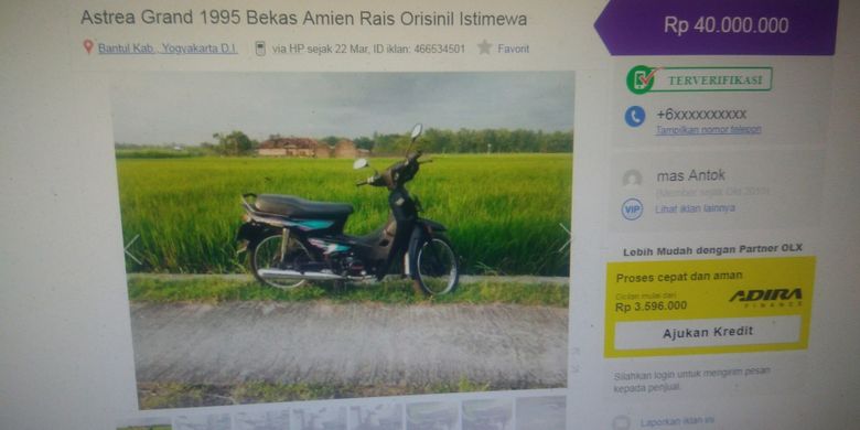 Foto sepeda motor bekas Amien Rais yang dijual di salah satu situs jual beli online.
