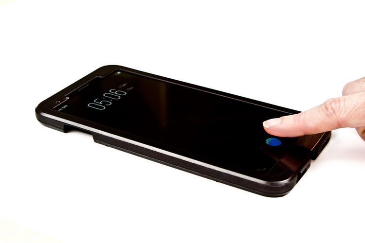 Ilustrasi ponsel dengan pemindai sidik jari yang menyatu dengan layar.
