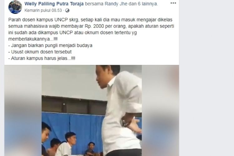 Video oknum dosen di UNCP Palopo mempersoalkan uang Rp2 ribu dan diduga memintanya kepada mahasiswa saat sedang mengajar dalam ruang kuliah, kini viral di sejumlah sosial media seperti facebook