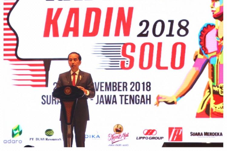 Presiden Jokowi berpidato menutup Rapat Pimpinan Nasional (Rapimnas) Kamar Dagang dan Industri (Kadin) Indonesia 2018 di Hotel Alila Solo, Rabu (28/11/2018)