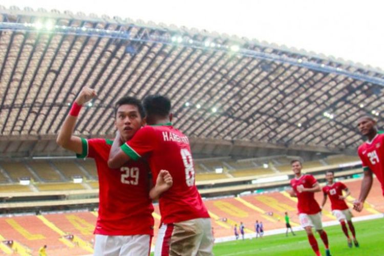 Septian David Maulana, pencetak gol ke gawang Thailand di SEA Games 2017 di Stadion Shah Alam, Kuala Lumpur, Selasa (15/8/2017). 