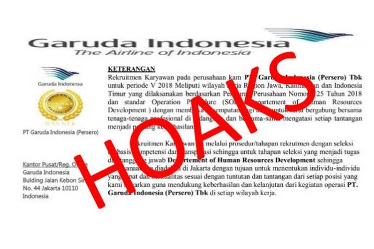 Beredar di aplikasi pesan WhatsApp mengenai undangan penerimaan rekrutmen calon karyawan PT Garuda Indonesia (Persero), pihak Garuda Indonesia pastikan hoaks.