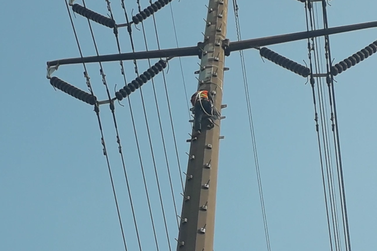 Seorang pria yang belum diketahui identitasnya tersangkut saat memanjat menara Saluran Udara Tegangan Ekstra Tinggi di Jalan Cipinang Jaya, Kamis (20/6/2019) sore.