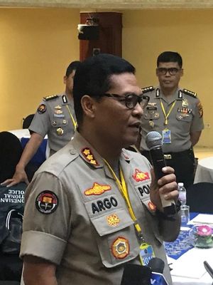 Kabid Humas Polda Metro Jaya Kombes Argo Yuwono di Hotel Mercure Ancol, Jakarta Utara, Rabu (28/8/2019).