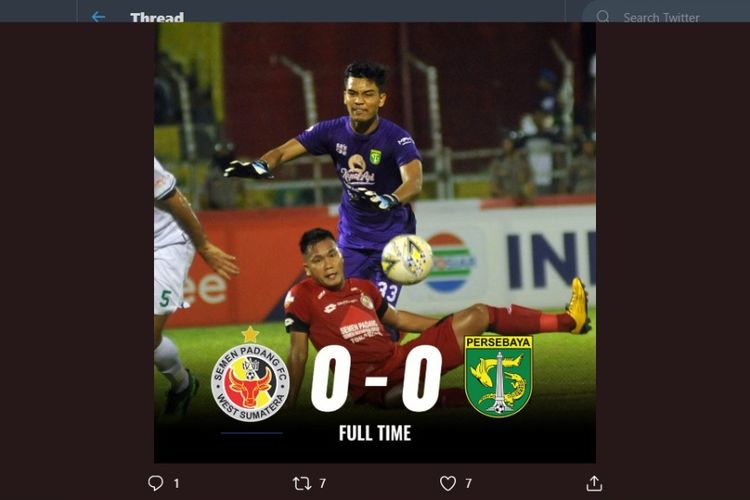Pertandingan pekan ke-11 Liga 1 2019 antara Semen Padang vs Persebaya Surabaya di Stadion Haji Agus Salim, Minggu (28/7/2019) malam WIB, berakhir imbang tanpa gol.