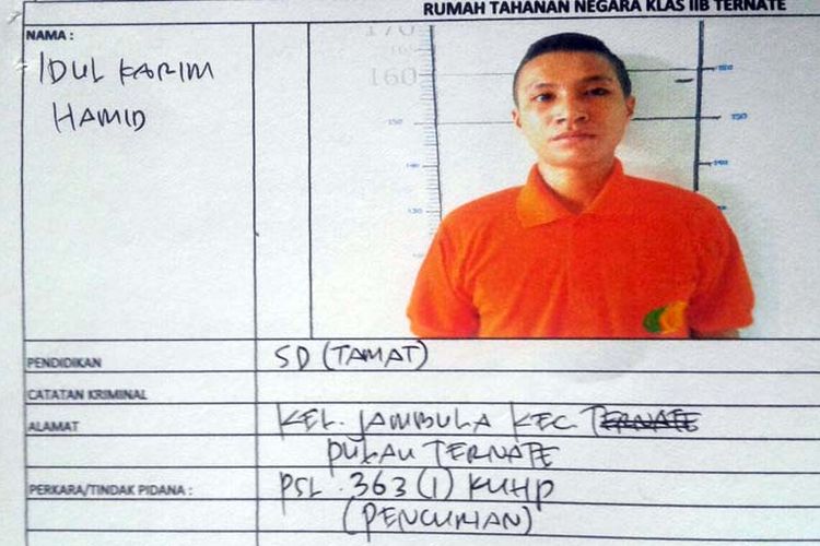 Idul Karim Hamid (19), tahanan titipan kasus pencurian yang kabur dari Rutan Kelas IIB Ternate.