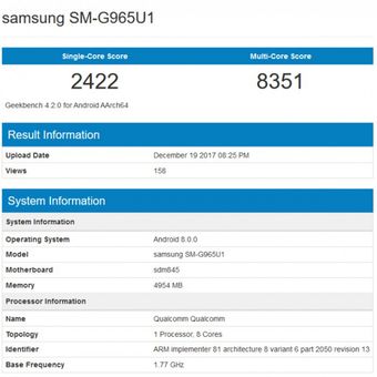 Bocoran screenshot Geekbench yang diduga memperlihatkan nilai kinerja Galaxy S9 Plus berbasis Snapdragon 845.