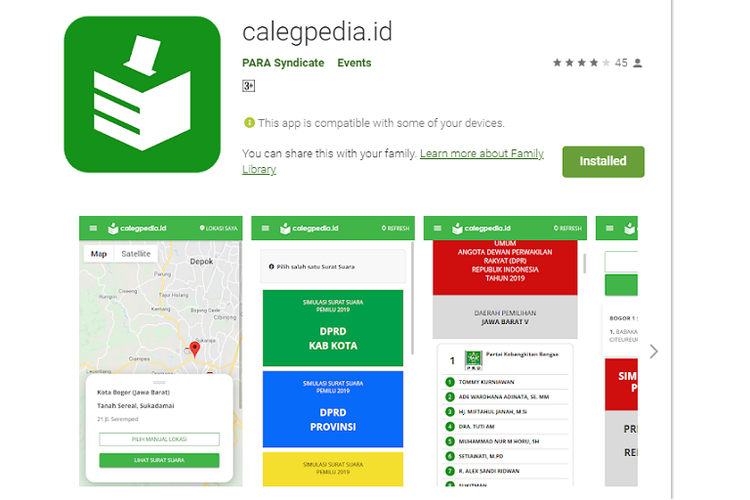 Tangkapan layar aplikasi calegpedia