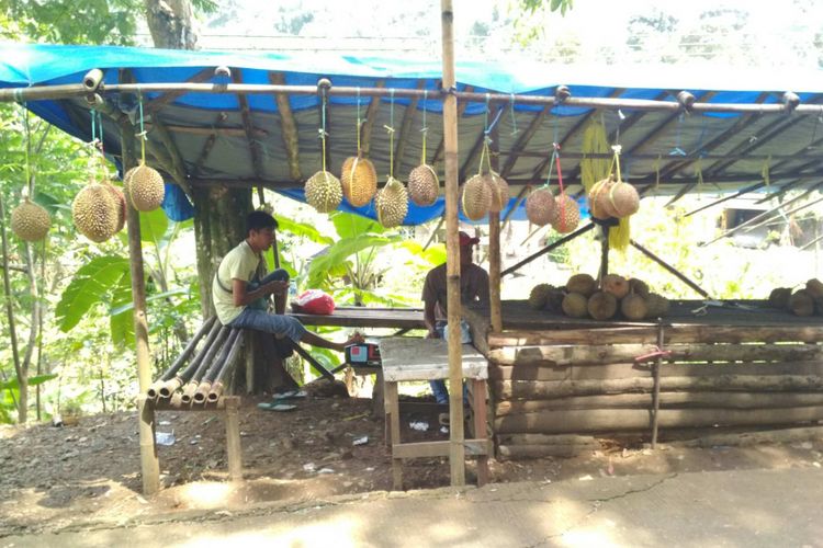 Pedagang durian berjejer di Desa Mekarbuana, Kecamatan Tegalwaru, Kabupaten Karawang.