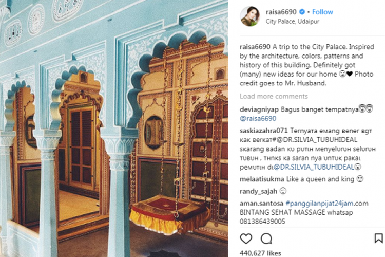 Unggahan Raisa saat berlibur ke City Palace, India.