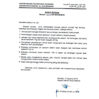 Surat edaran terkait pembatasan barang bawaan jemaah haji.