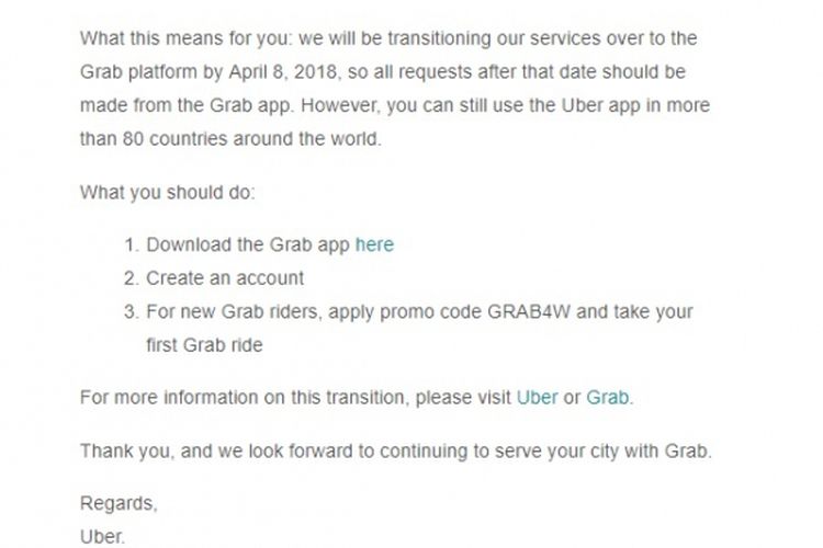 Email pemberitahuan Uber kepada pengggunanya mengenai penjualan bisnis di Asia Tenggara.