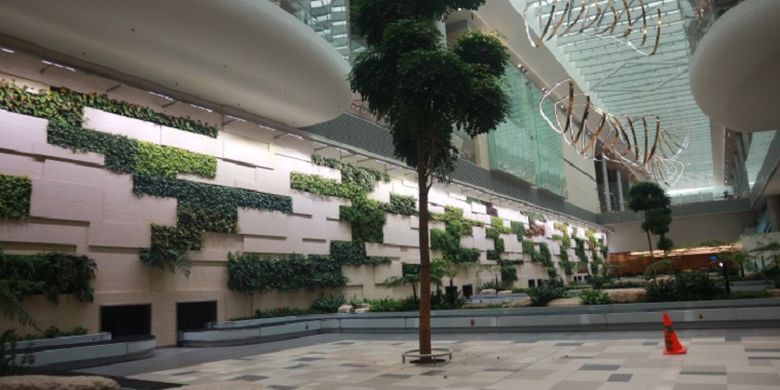 Area kedatangan di Terminal 4 Bandara Changi, Singapura, Selasa (25/7/2017). Di area ini, penumpang bisa mengambil bagasi dan menikmati pemandangan seperti tanaman-tanaman hidup dan instalasi Petalclouds.