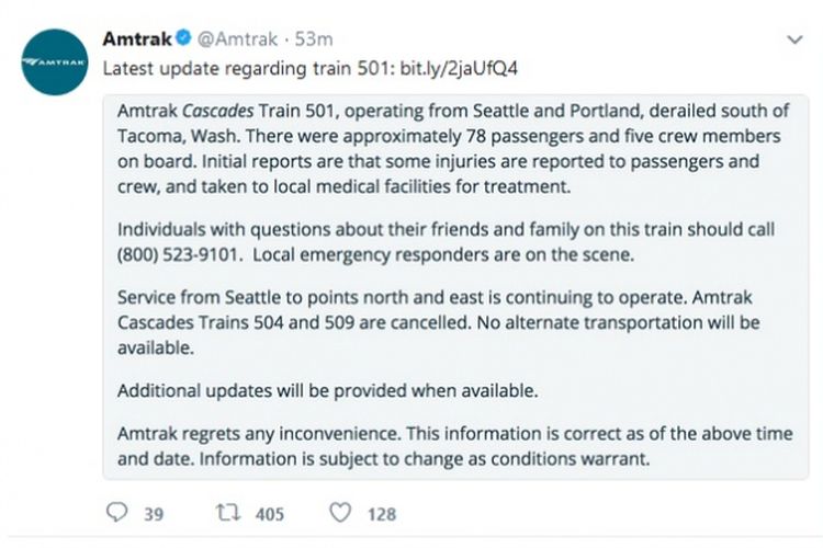 Keterangan awal Amtrak lewat akun Twitter-nya mengenai kecelakaan kereta di negara bagian Washington, Amerika Serikat, Senin (18/12/2017)
