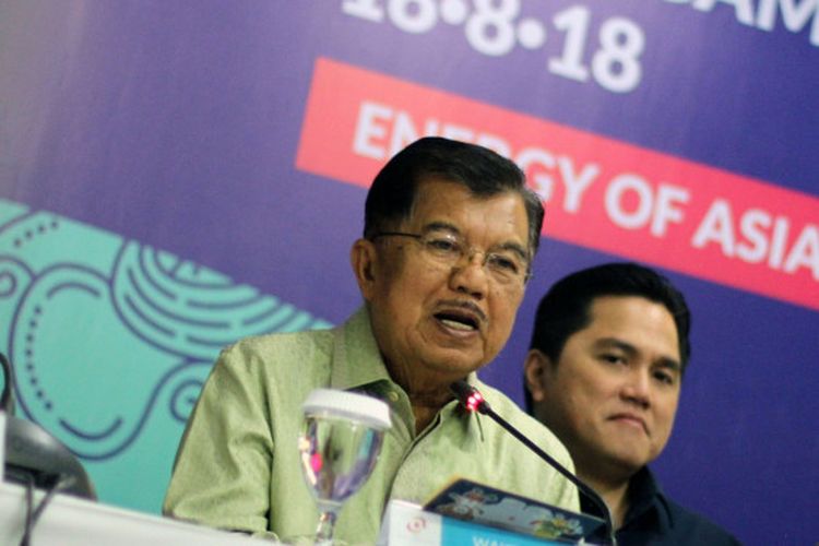 Wakil Presiden Jusuf Kalla, lega dengan pencapaian Inasgoc terkait sponsor untuk Asian Games 2018.
