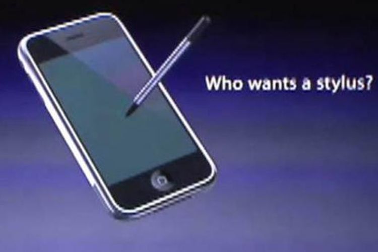 Presentasi Steve Jobs pada peluncuran iPhone tahun 1997 yang menegaskan tak seorang pun perlu stylus.