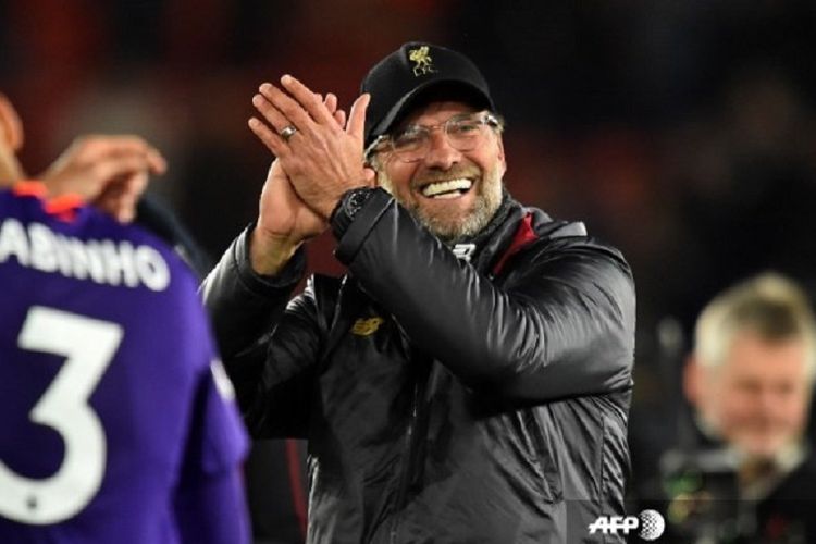 Juergen Klopp merayakan kemenangan 2-0 di laga Liverpool vs Porto pada leg pertama perempat final Liga Champions, 10 April 2019.