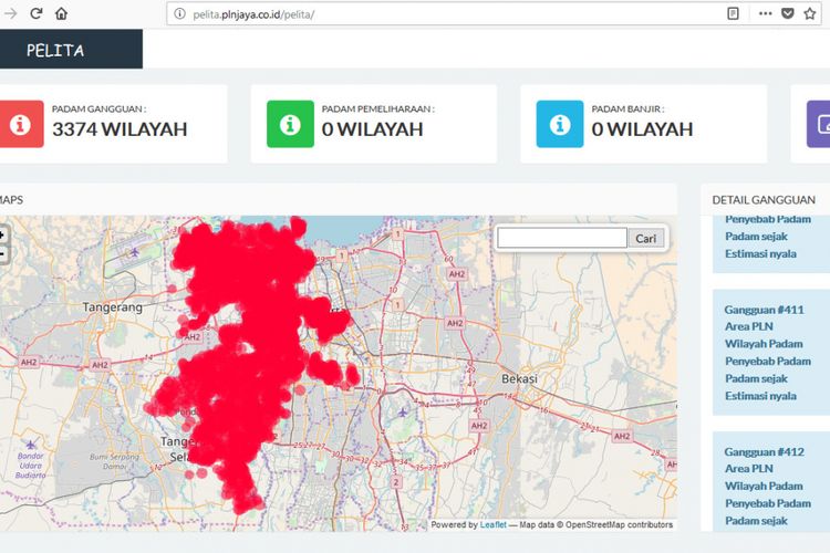 Daerah terdampak gangguan listrik padam pada Selasa (2/1/2018) pagi, berdasarkan pantauan real time di situs pelita.plnjaya.co.id. 