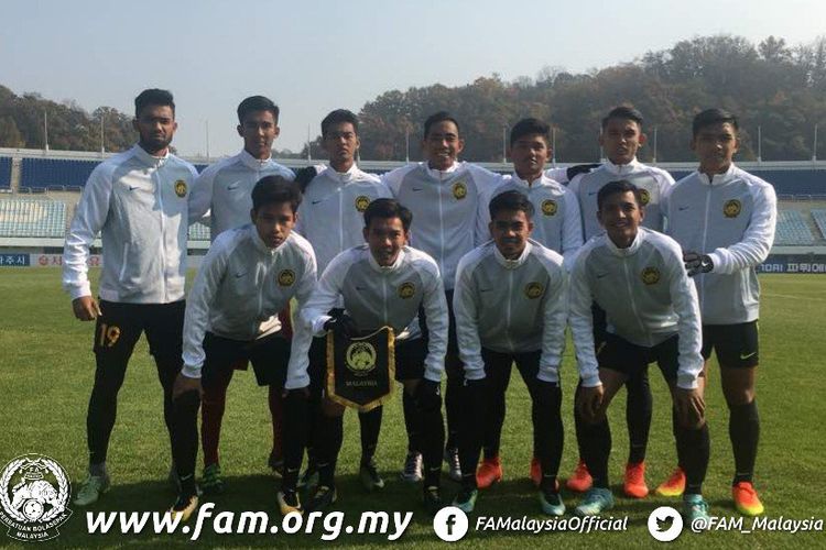 Skuad timnas U-19 Malaysia pada kualifikasi Piala Asia U-19 2018 di Paju, Korea Selatan. 