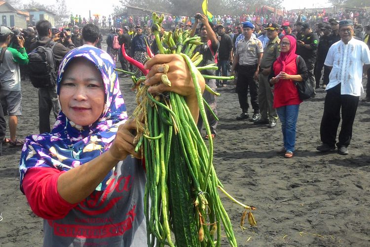 Warga berebut gunungan yang akan dilarung ke laut Selatan di Pantai Glagah, Kulon Progo. Mereka berharap tradisi ini ikut memicu mereka mengalami hidup yang lebih baik di masa depan. Seperti halnya Indah Prawesti, 43 tahun, warga Kecamatan Panjatan, rela jauh-jauh datang untuk berebut sayur mayur. 