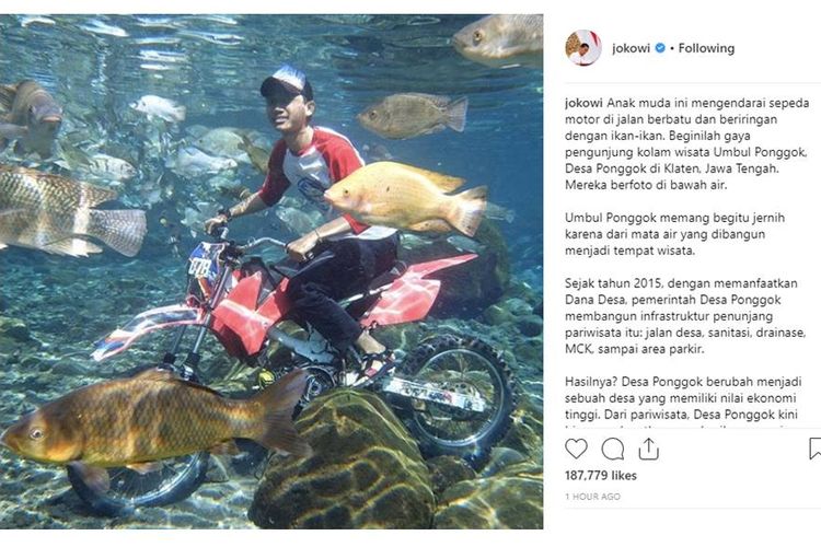 Unggahan di akun Instagram Joko Widodo tentang Umbul Ponggok.