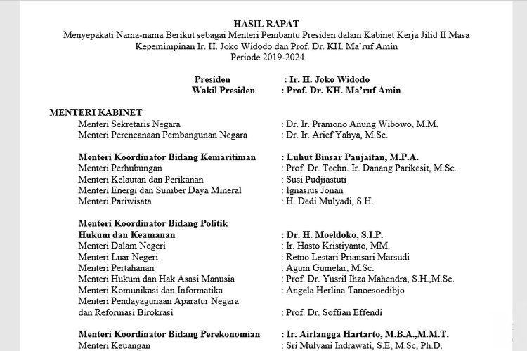 Tangkapan layar dokumen risalah Rapat Pengangkatan menteri Pembantu Presiden Dalam kabinet Kerja Jilid II Periode 2019-2024. Setelah dikonfirmasi oleh Ketua Tim Kampanye Nasional (TKN), dokumen tersebut hoaks alias informasi bohong. 