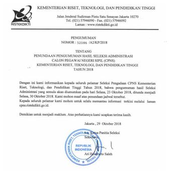 Surat resmi Kementerian Riset, Teknologi, dan Pendidikan Tinggi terkait penundaan pengumuman hasil administrasi