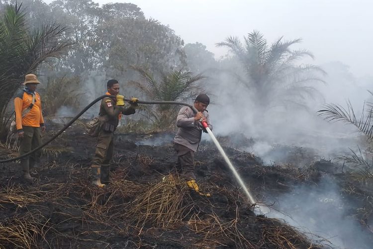 Petugas Manggala Agni dan kepolisian jajaran Polres Dumai memadamkan api kebakaran hutan dan lahan milik PT Pertamina RU II di Kelurahan Bukit Datuk, Kecamatan Dumai Selatan, Kota Dumai, Riau, Jumat (29/3/2019).