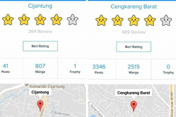 Perbandingan peringkat antara Kelurahan Cengkareng Barat dan Kelurahan Cijantung dalam aplikasi qlue, Jumat (1/9/2017).