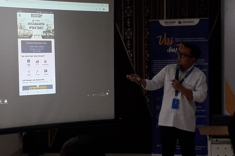 User interface aplikasi Travoy keluaran PT Jasa Marga ditampilkan dalam konferensi pers di Kantor Pusat PT Jasa Marga, Senin (27/5/2019).