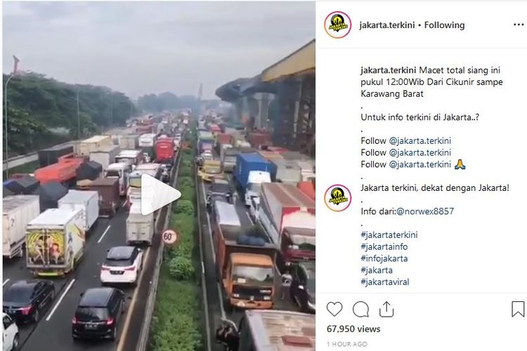 Gambaran kemacetan di ruas Tol Jakarta-Cikampek yang viral di media sosial 