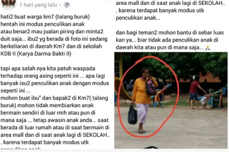 Foto seorang penjual buah disebar sebagai pelaku penculikan anak di media sosial. Anak ibu dalam foto tersebut tidak terima dan melaporkannya ke polisi. 