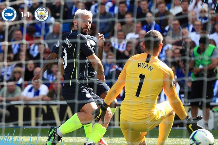 Sergio Aguero mencetak gol ke gawang Matt Ryan pada laga Brighton & Hove Albion vs Manchester City dalam partai penentuan Liga Inggris di Stadion American Express Community, 12 Mei 2019. 