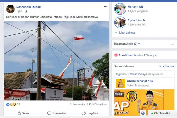 Bendera Merah Putih berkibar terbalik di halaman gedung Balaikota Palopo. Foto ini pertama diunggah oleh Nasruddin Rubak di media sosial Facebook, Selasa (7/8/2018)