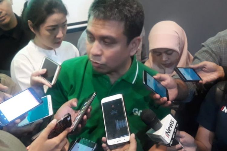 Managing Director Grab Indonesia Ridzki Kramadibrata dalam konferensi pers di Kantor Grab, Pademangan, Kamis (13/9/2018).