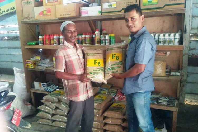 Pedagang memperlihatkan bibit padi IF8 di Desa Meunasah Rayeuk, Kecamatan Nisam, Aceh Utara, Jumat (28/6/2019)