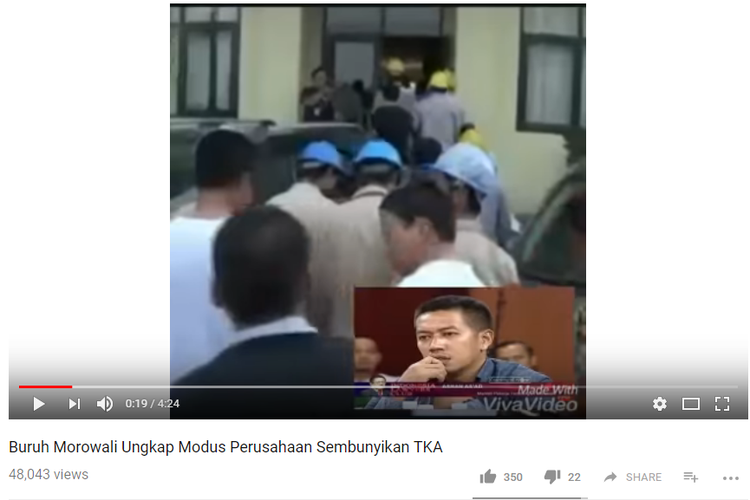 Salah satu video soal TKA di Morowali. Pemerintah menyatakan bahwa informasi soal jutaan TKA di Morowali adalah hoaks.