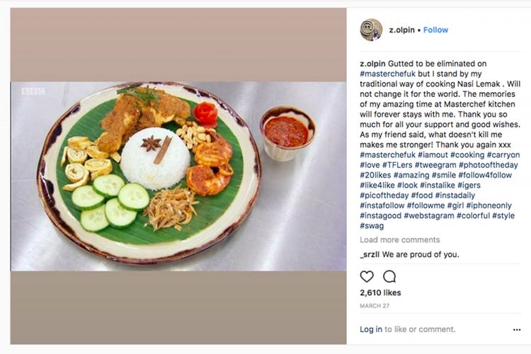 Nasi lemak dengan rendang ayam yang dibuat oleh kontestan MasterChef Zaleha Kadir Olpin yang dikritik juri. 