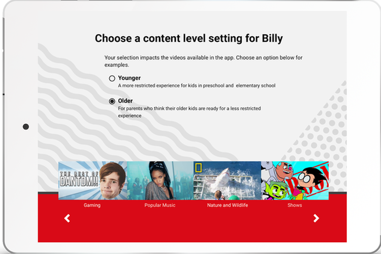 Fitur level konten di YouTube Kids