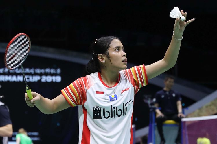 Gregoria MAriska Tunjung saat melawan Abigail Holden di babak penyisihan grup Piala Sudirman 2019, Minggu (19/5/2019).