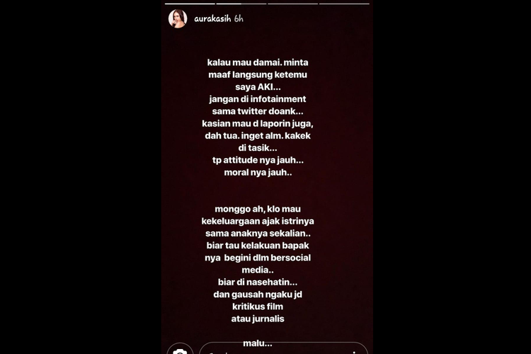 Artis peran Aura Kasih kembali mengunggah tulisan di Instagram story terkait masalahny dengan Yan Widjaya.