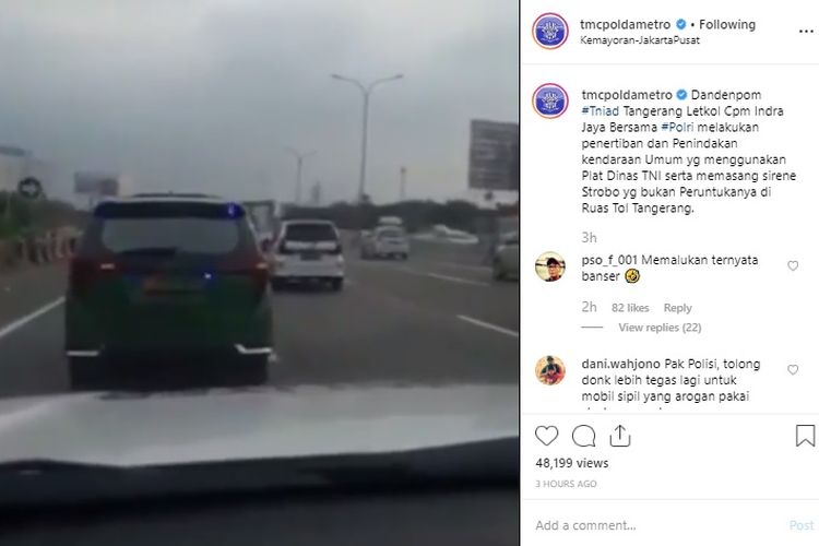 Mobil dengan pelat dinas TNI ugal-ugalan di tol Tangerang