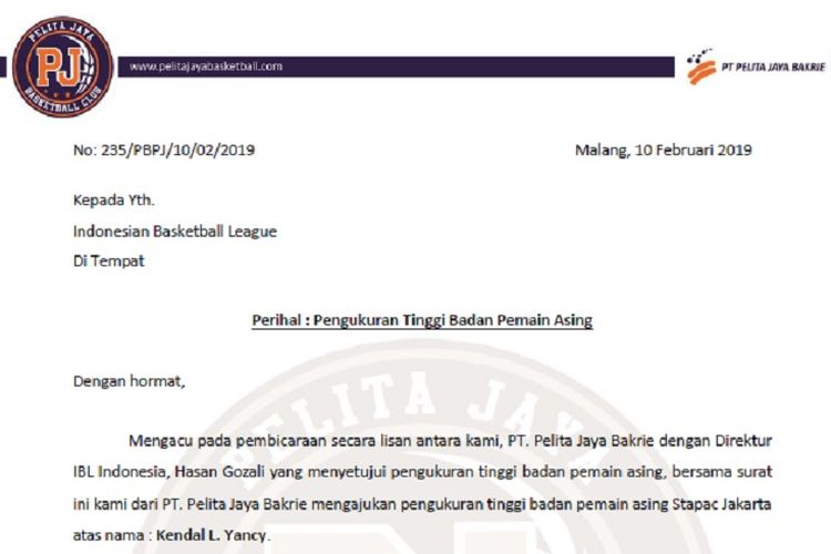 Surat permintaan Pelita Jaya Basketball kepada IBL untuk pengukuran tinggi badan pemain asing Stapac Jakarta, Kendal L Yancy.